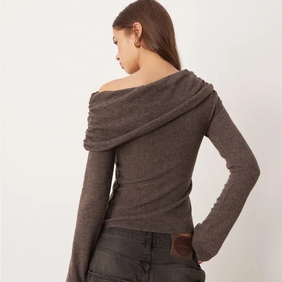 Gina Tricot long sleeve one shoulder draped top in heathered brown - Picture 3 of 3